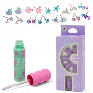 Claire’s Bundle New Nails, Earrings 10-Pack, Pink Daisy Blue Lip Gloss Wand